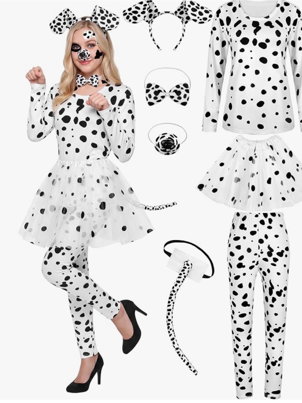 8 Piece Halloween Women’s Dalmatian Dog Costume Set Size Small
